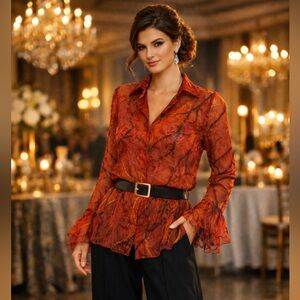 Vintage Komarov Fiery Red Sheer Blouse Size Large